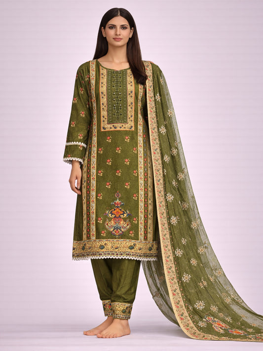 PAKISTANI MEHNDI GREEN PRINTED SUIT