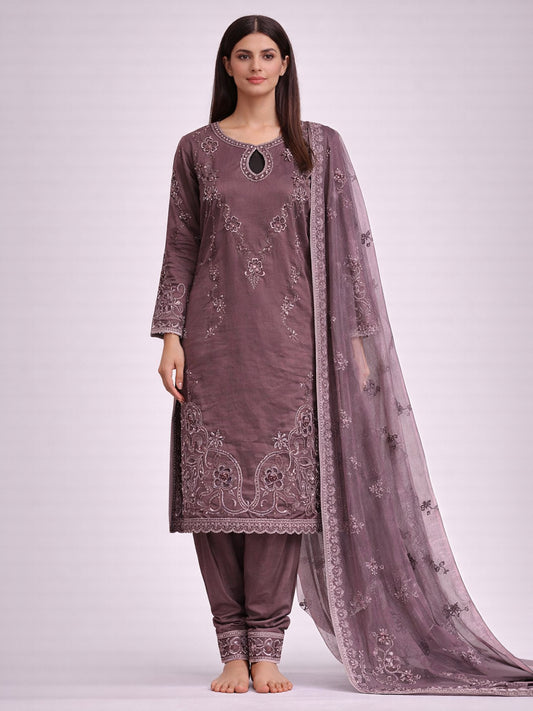 Pakistani Burbery Silk Kurti Set with Farshi Salwar & Organza Dupatta