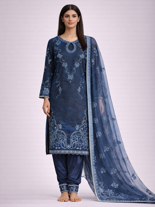 Pakistani Blue Burbery Silk Farshi Salwar Kurti Set with Cutwork
