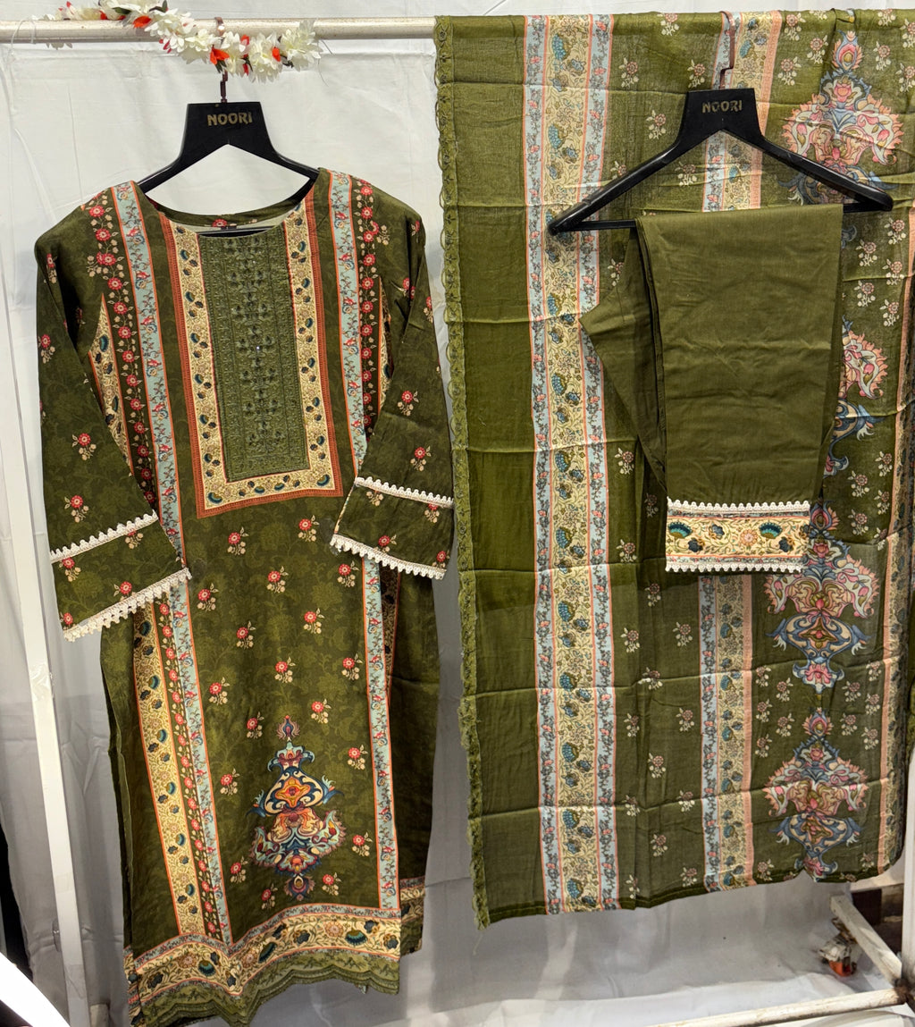 PAKISTANI MEHNDI GREEN PRINTED SUIT