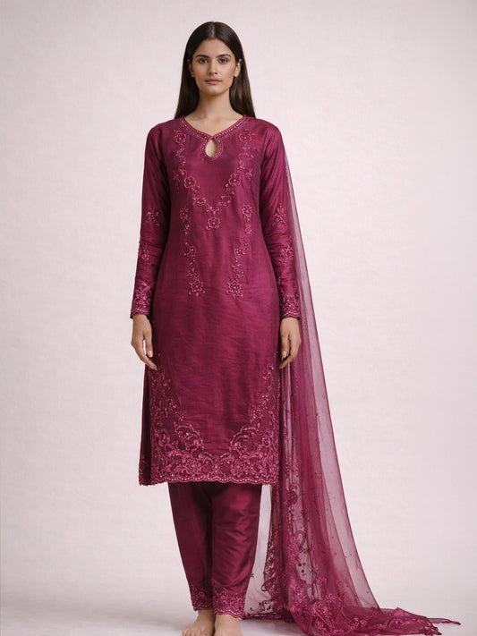 Pakistani Dark Pink Burbery Silk Kurti Set with Farshi Salwar & Organza Dupatta
