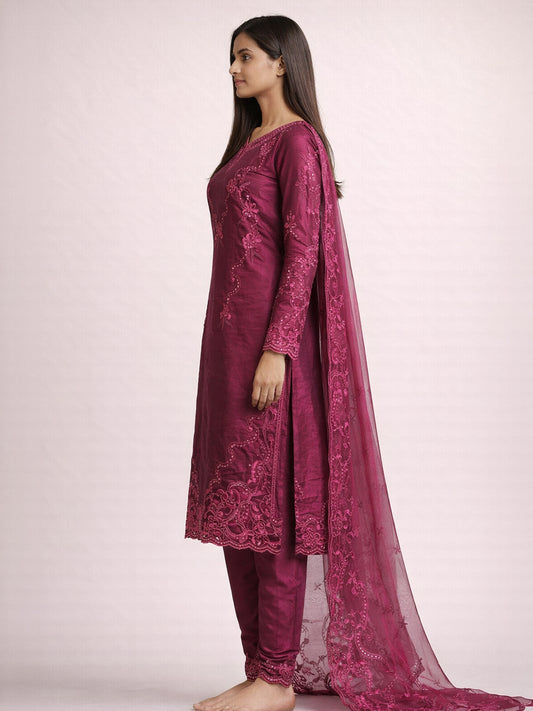 Pakistani Dark Pink Burbery Silk Kurti Set with Farshi Salwar & Organza Dupatta