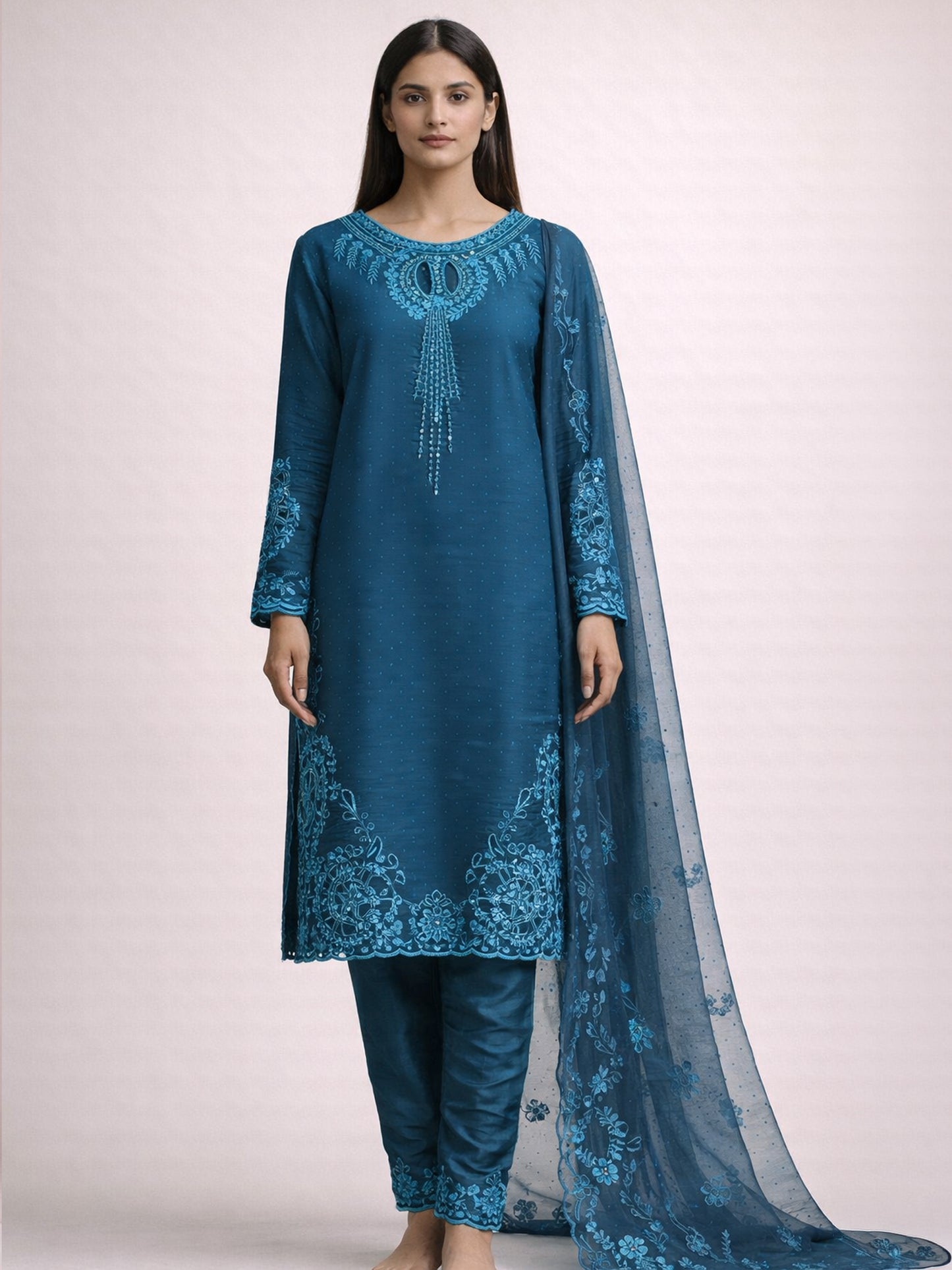 PAKISTANI BLUE CUTWORK FARSHI SALWAR SUIT