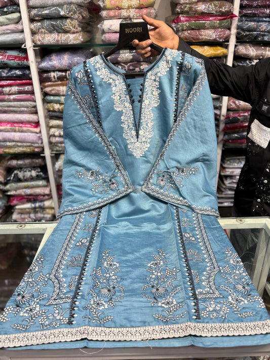 Blue Imported Cotton Readymade Suit with Embroidered Neck & Fancy Organza Dupatta