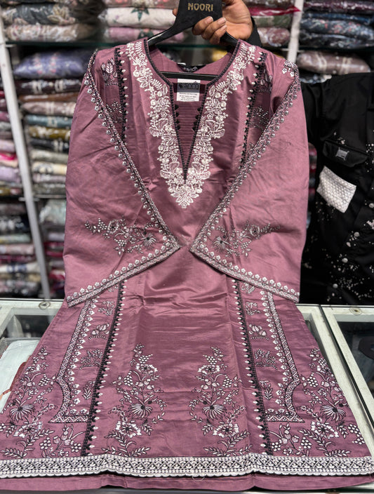 Pink  Imported Cotton Readymade Suit with Embroidered Neck & Fancy Organza Dupatta