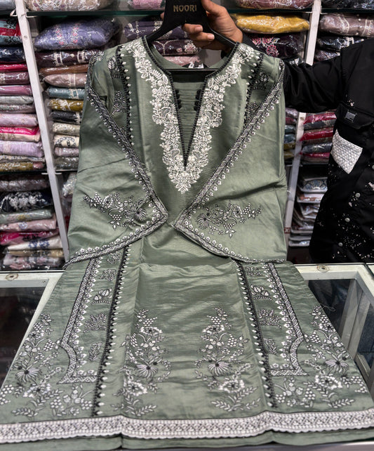 Green Imported Cotton Readymade Suit with Embroidered Neck & Fancy Organza Dupatta