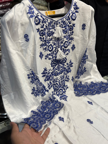 White Embroidered Pakistani Farshi Salwar Suit